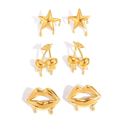 18K Gold Golden Drip Cherry Lips Star Statement Stud Earrings