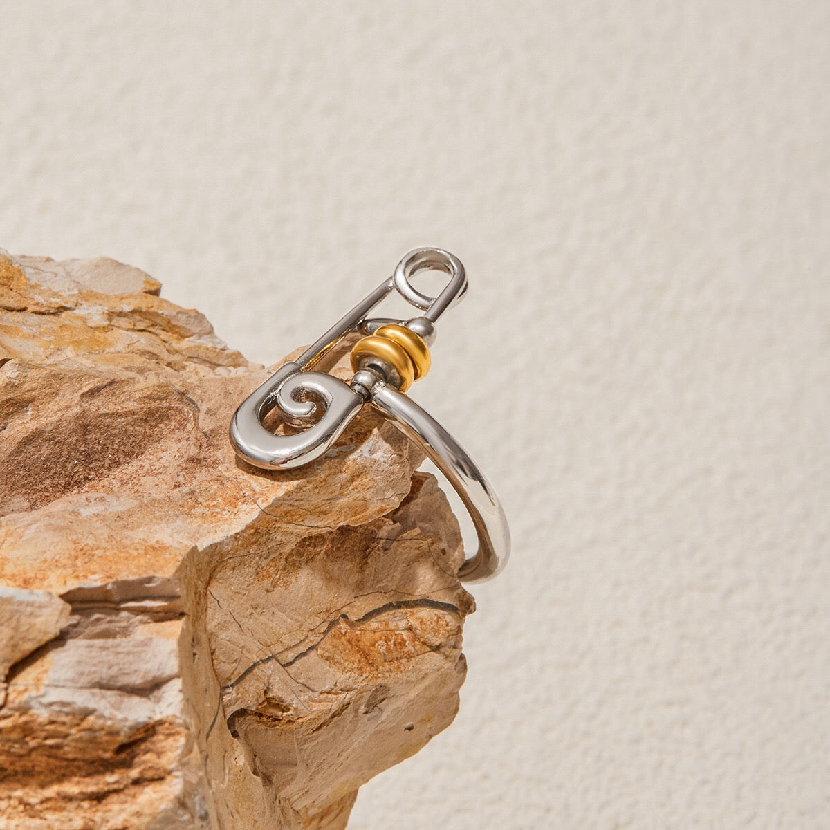 18K Gold and Silver Two Tone Safety Pin Statement Ring