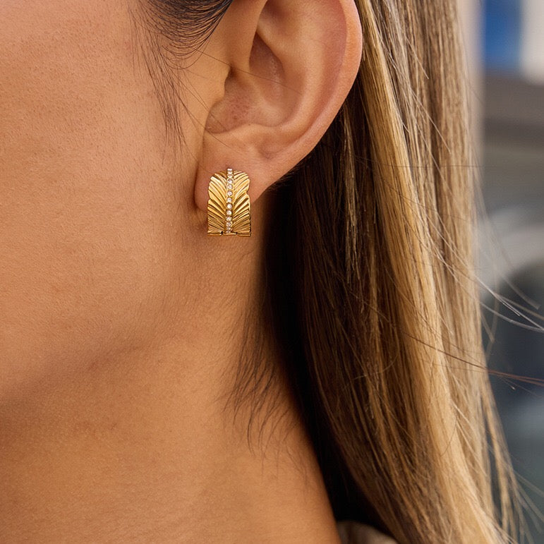 18K Gold Gentle Breeze Leaf CZ Small Hoop Huggie Earrings