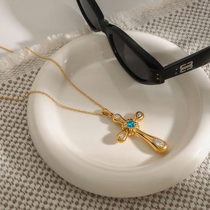 18K Gold Blue Halo Cross Pendant Statement Long Necklace