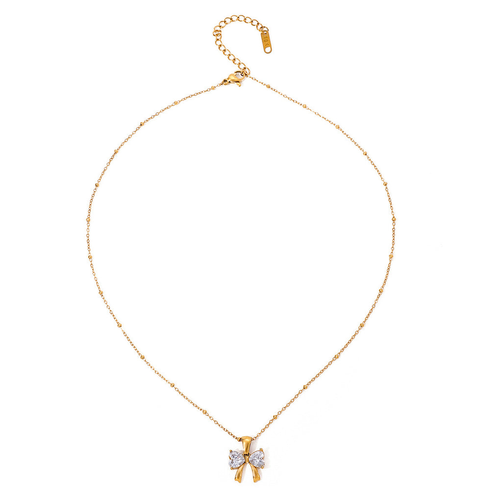 18K Gold Bling Coquette Bow Pendant CZ Necklace