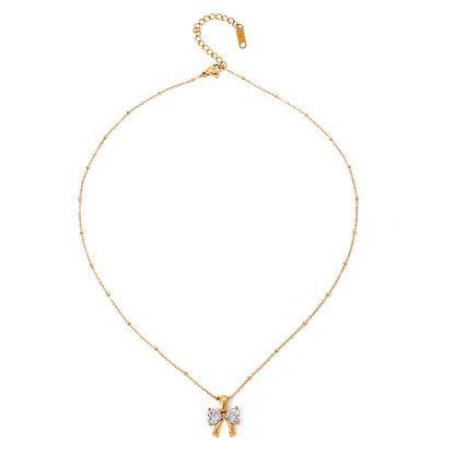 18K Gold Bling Coquette Bow Pendant CZ Necklace