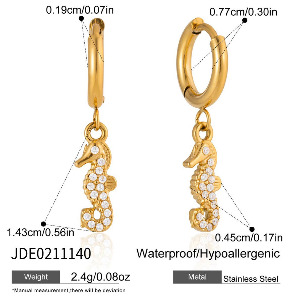 18K Gold Ocean Sparkle Seashell Palm Tree Small Hoop Huggie Earrings with Charm