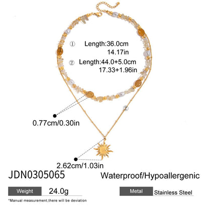 18K Gold Sun Pendant Beaded Pearl Layered Necklace Set