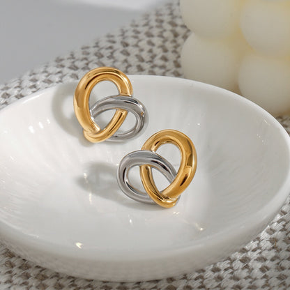 18K Gold and Silver Two Tone Pretzel Heart Statement Stud Earrings
