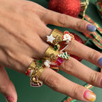 18K Gold Holiday Gleam Christmas Charm Statement Band Ring