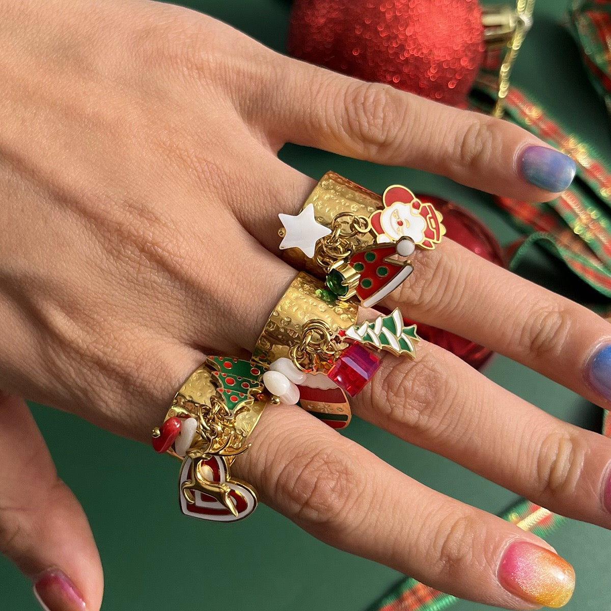 18K Gold Holiday Gleam Christmas Charm Statement Band Ring