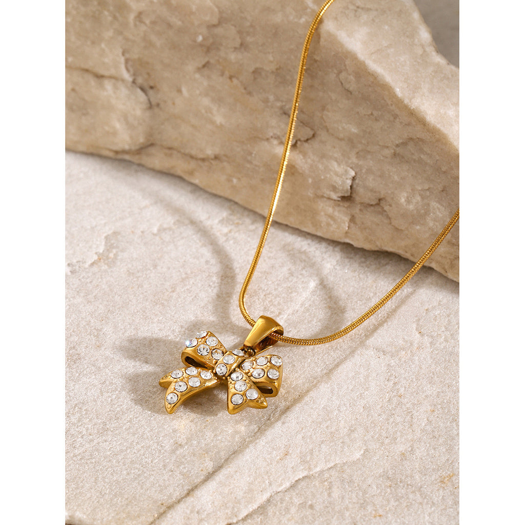 18K Gold Bejeweled Coquette Bow Pendant Necklace