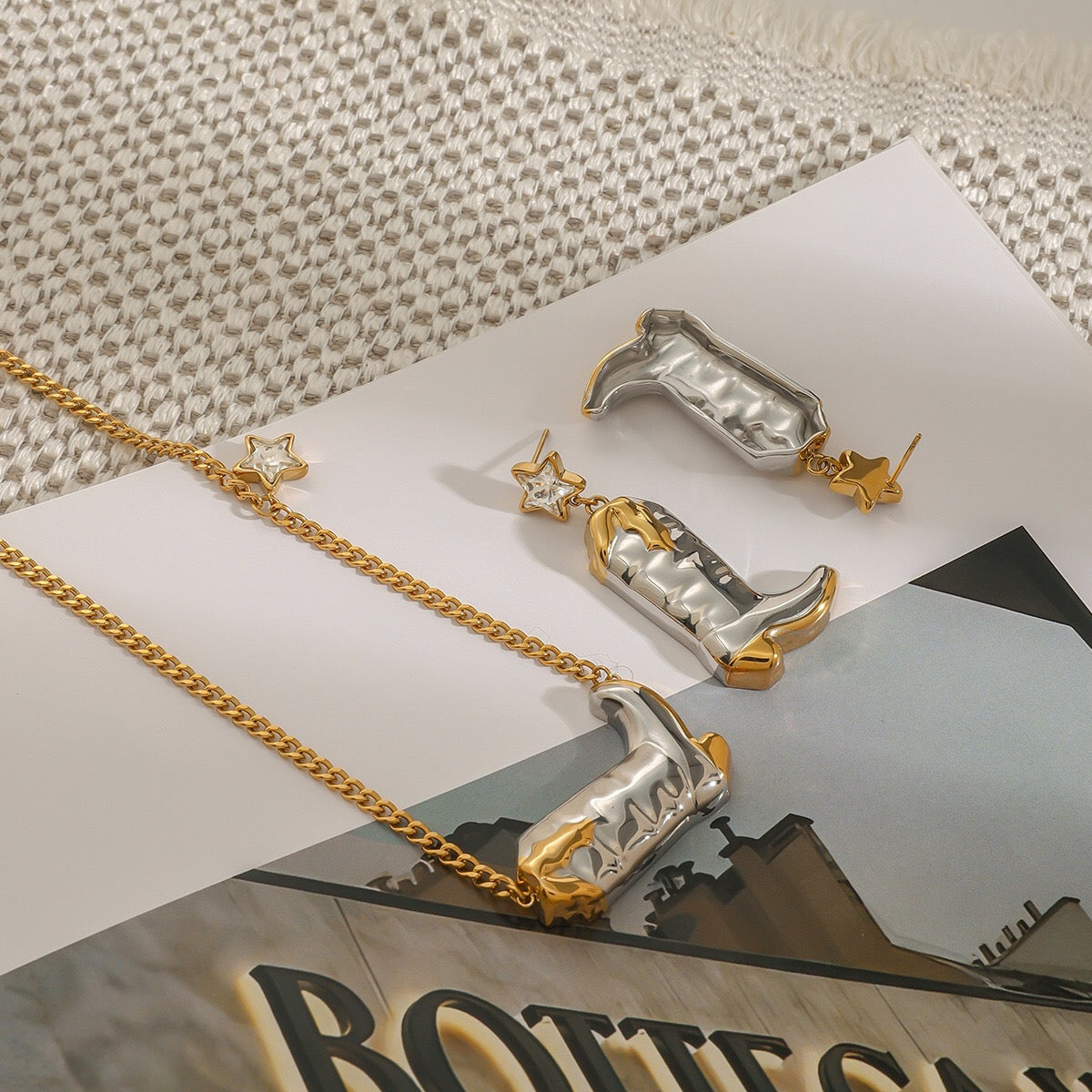 18K Gold and Silver Two Tone Rodeo Star Cowboy Boot Stud Dangle Earrings