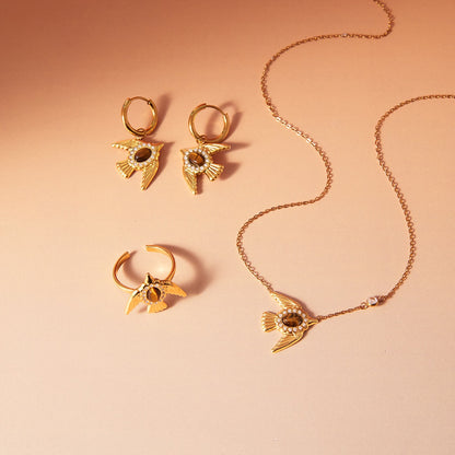 18K Gold Free Spirit Tiger Eye Bird Ring