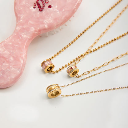 18K Gold Pink Heart Mama Bling Ring Dainty Pendant Necklace