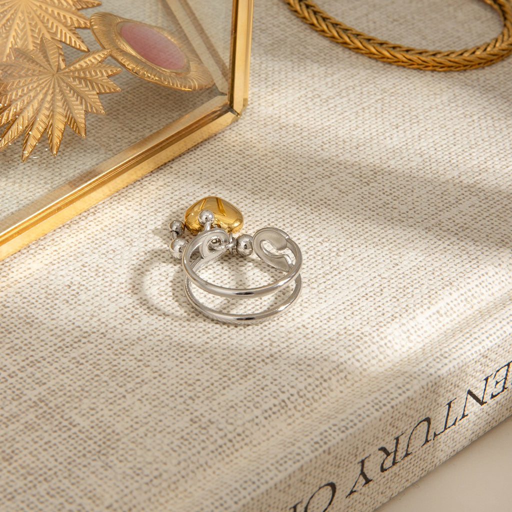 18K Gold and Silver Two Tone Safety Pin Band Heart Charm Ring