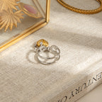 18K Gold and Silver Two Tone Safety Pin Band Heart Charm Ring