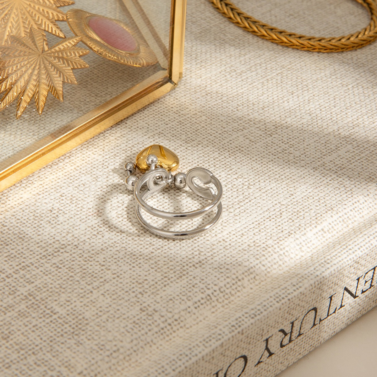 18K Gold and Silver Two Tone Safety Pin Band Heart Charm Ring