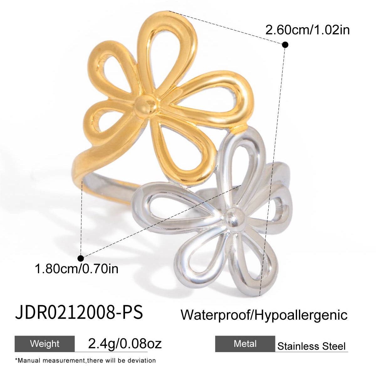 18K Gold and Silver Two Tone Floral Kiss Flower Wrap Around Ring