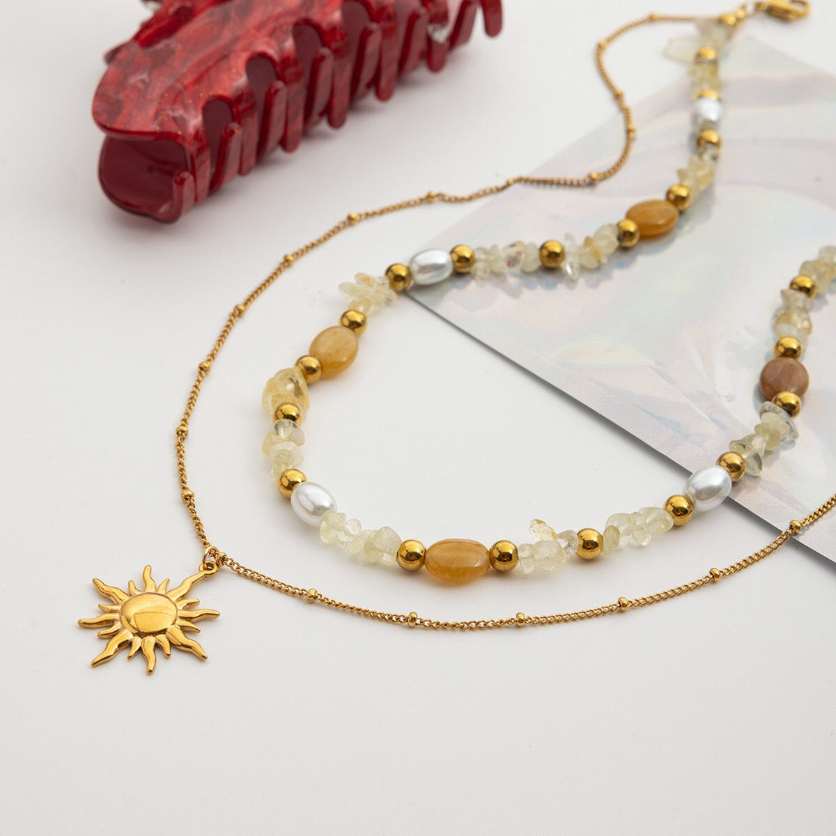 18K Gold Sun Pendant Beaded Pearl Layered Necklace Set
