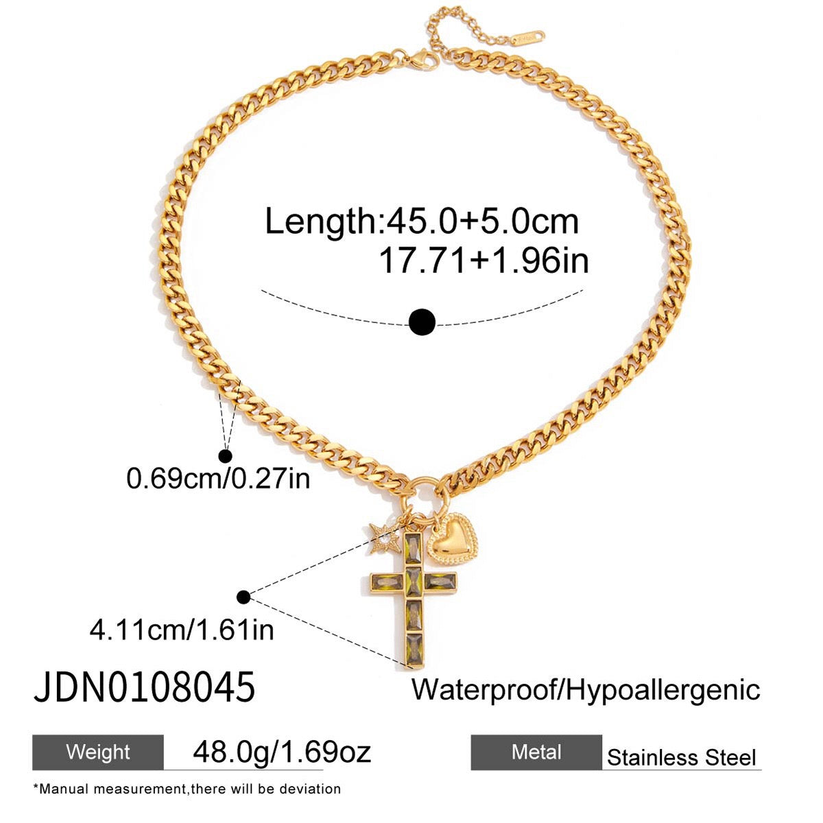 18K Gold Faith Divine Cross Heart Starburst Charm Cuban Link Chain Necklace