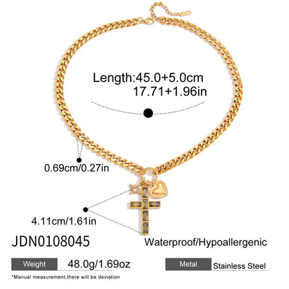 18K Gold Faith Divine Cross Heart Starburst Charm Cuban Link Chain Necklace