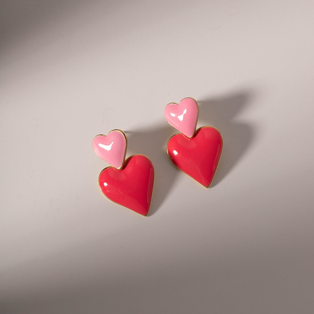 18K Gold Pink Heart Dangle Earrings