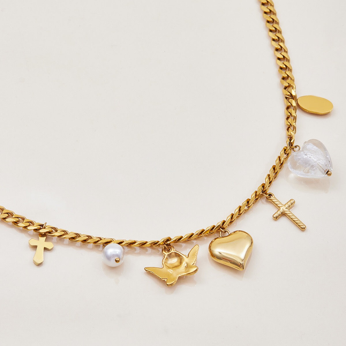 18K Gold Forbidden Cross Pearl Pendant Statement Layered Necklace Set