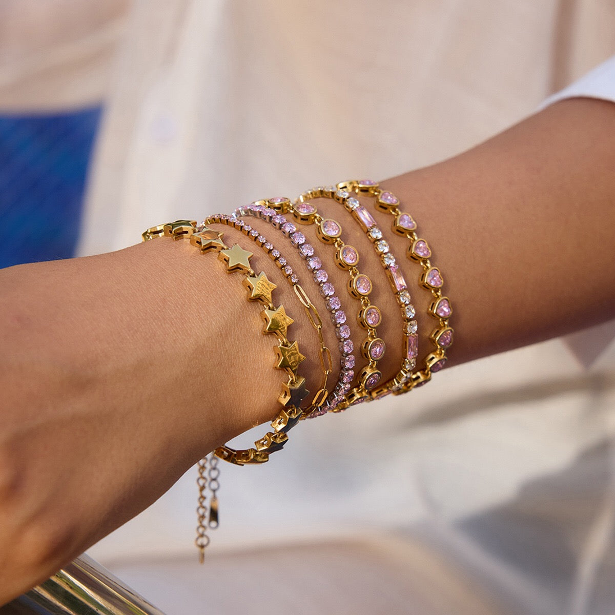 18K Gold Pink Dream Star Tennis Chain Bracelet Stack