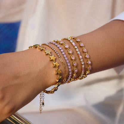 18K Gold Pink Dream Star Tennis Chain Bracelet Stack