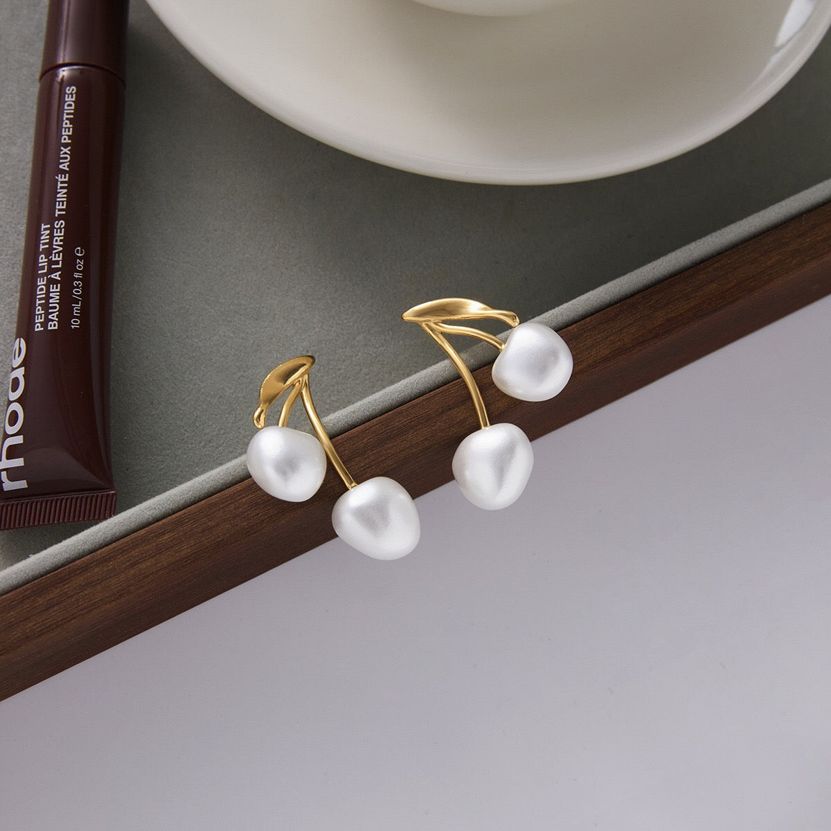 18K Gold Pearl Cherry Statement Dangle Stud Earrings