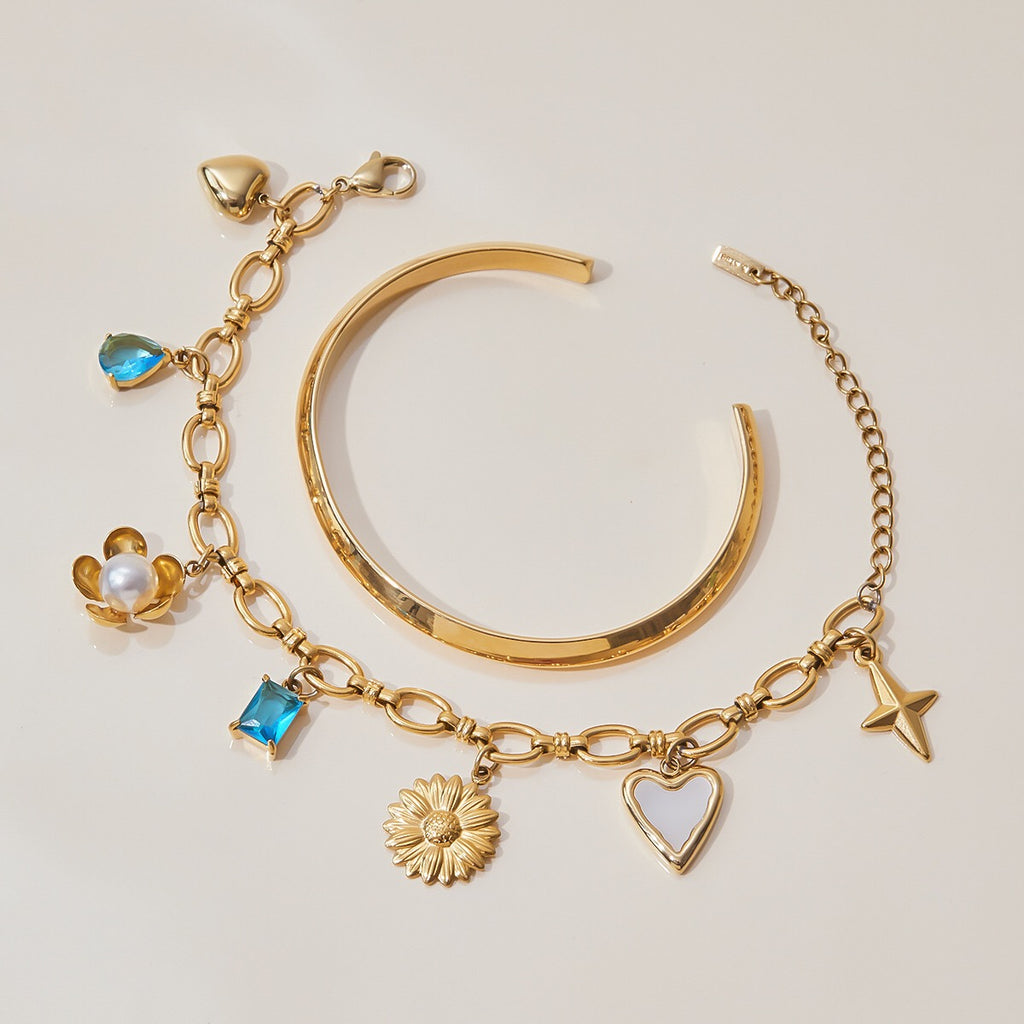18K Gold Ocean Blue Charm Bracelet Sleek Bangle Stack