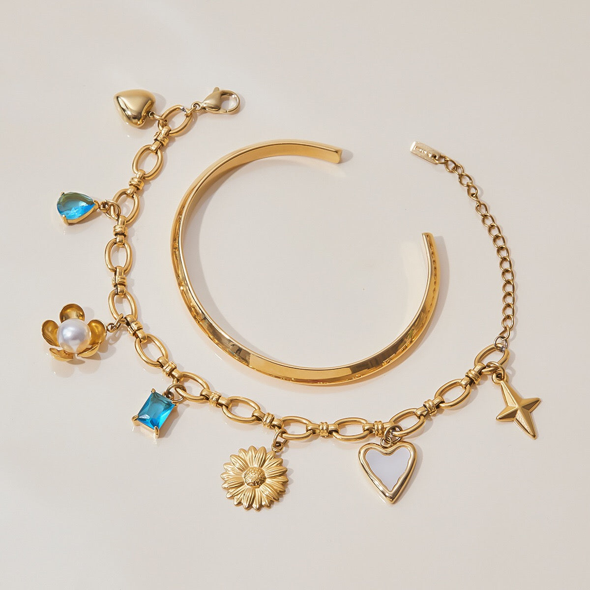 18K Gold Ocean Blue Charm Bracelet Sleek Bangle Stack