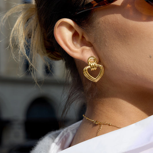 18K Gold Abstract Love Geometric Heart Statement Stud Earrings