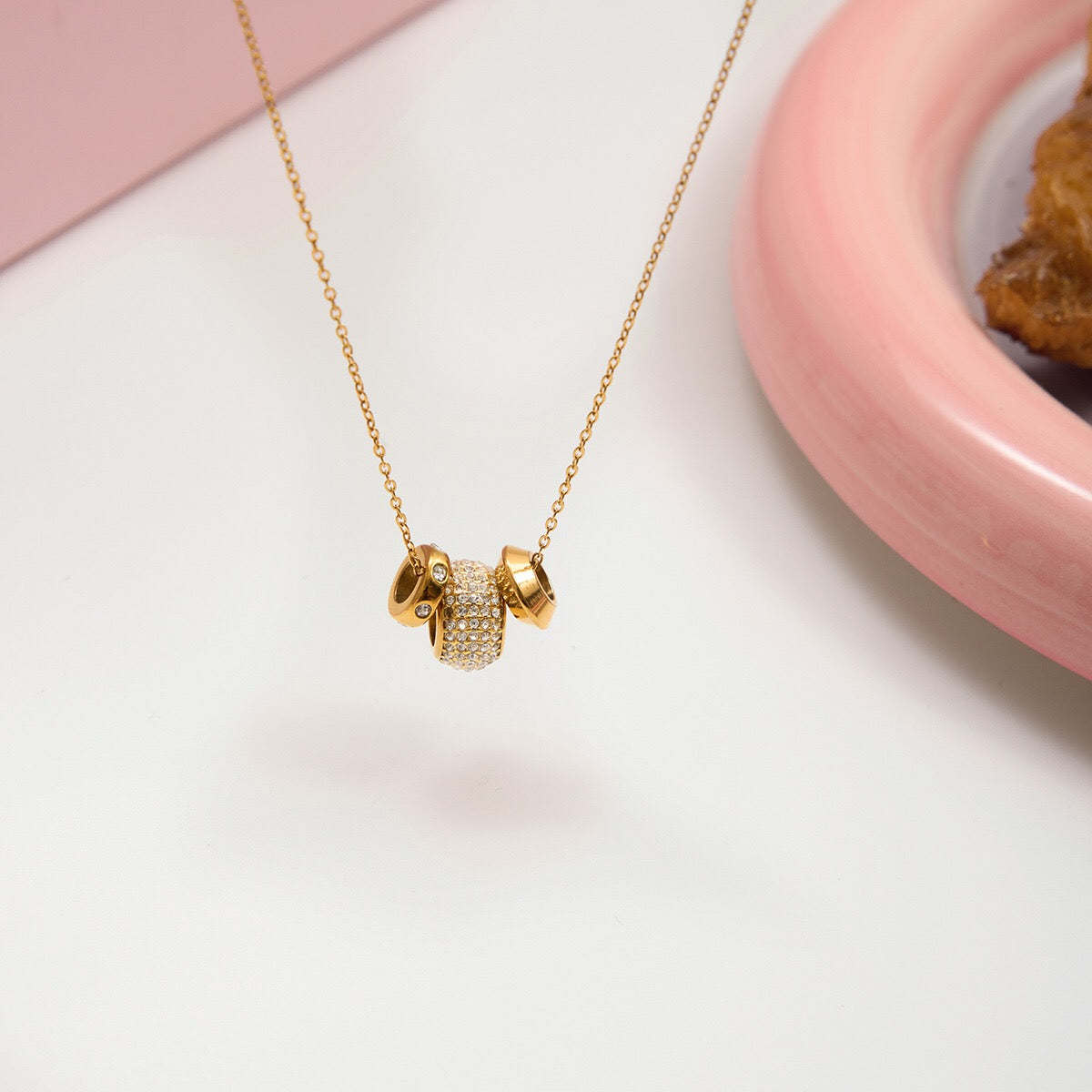 18K Gold Glitter Babe Dainty Ring Long Pendant Necklace