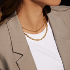 18K Gold Modern Edge Paper Clip Double Chain Layered Necklace Set