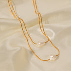 18K Gold Pearl Pendant Layered Necklace