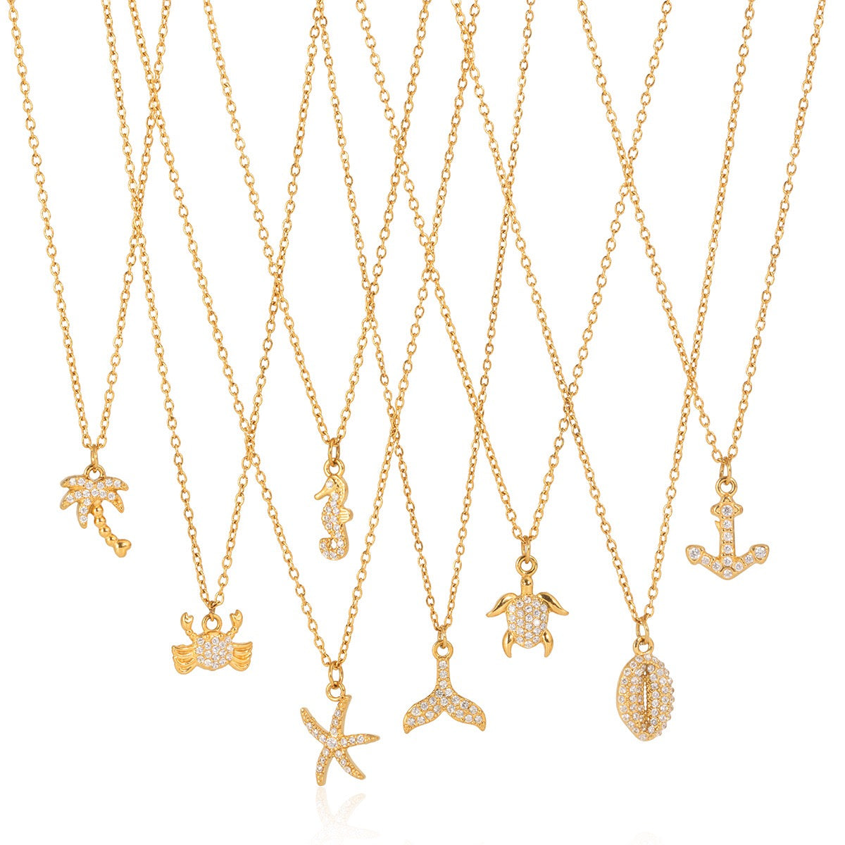 18K Gold Ocean Sparkle Seashell Palm Tree Small Hoop Huggie Earrings with Charm