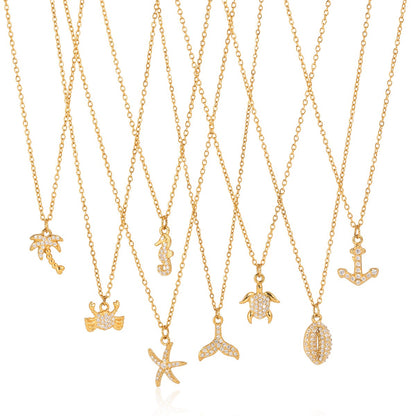 18K Gold Ocean Sparkle Seashell Palm Tree Dainty Pave Pendant Necklace Jewelry Set