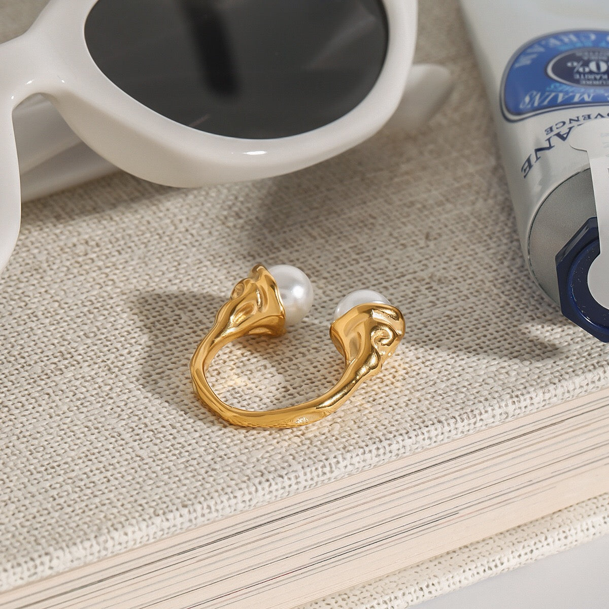 18K Gold Graceful Command Pearl Statement Cuff Ring
