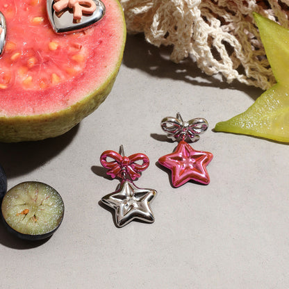 Y2K Silver Bow and Pink Star Stud Dangle Earrings