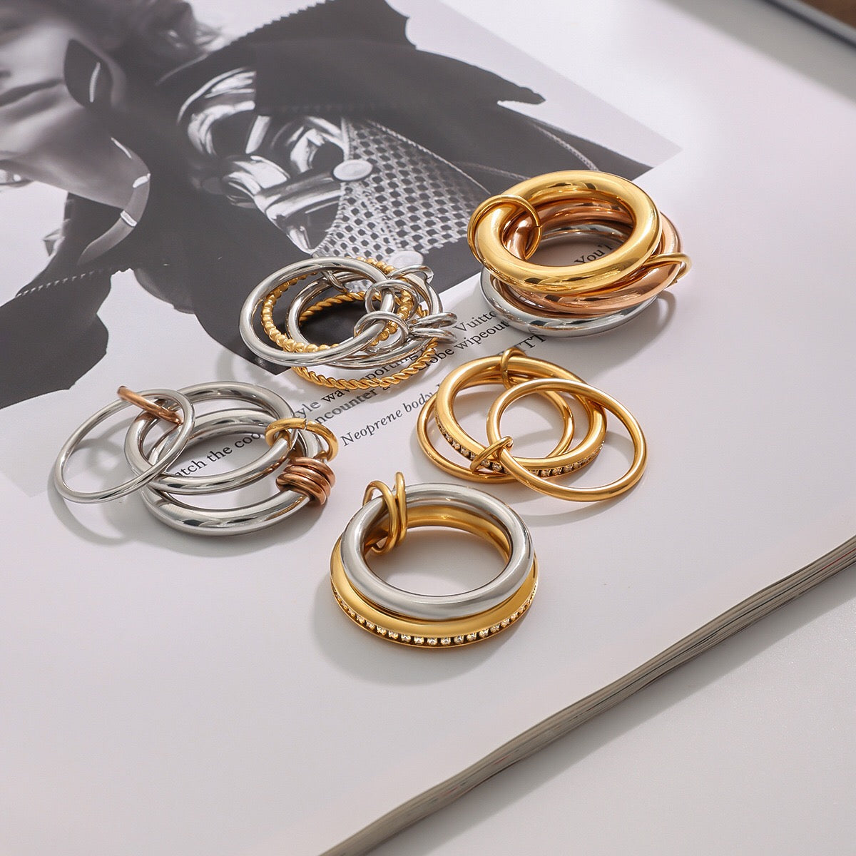 18K Gold and Silver Two Tone Pave Multi Layers Spinelli Stacking Rings