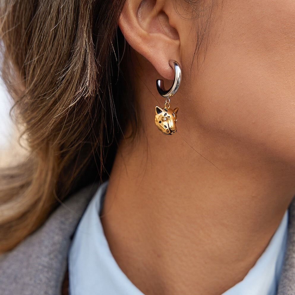 18K Gold and Silver Two Tone Savage Chic Leopard Dangle Hoop Earrings