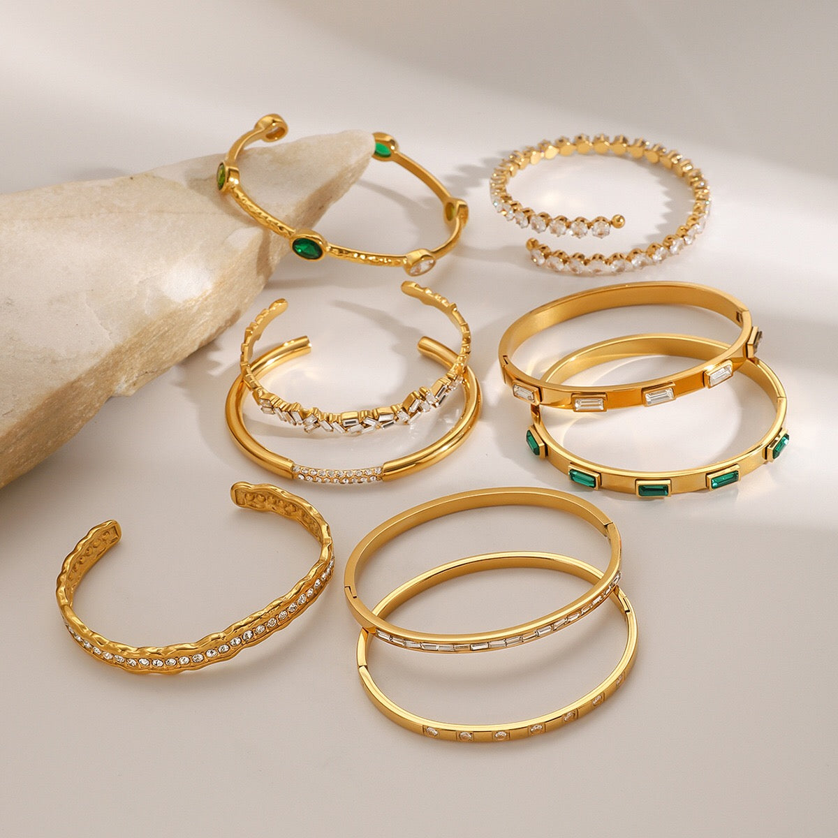 18K Gold Empire Glam CZ Bangle Bracelets Stack