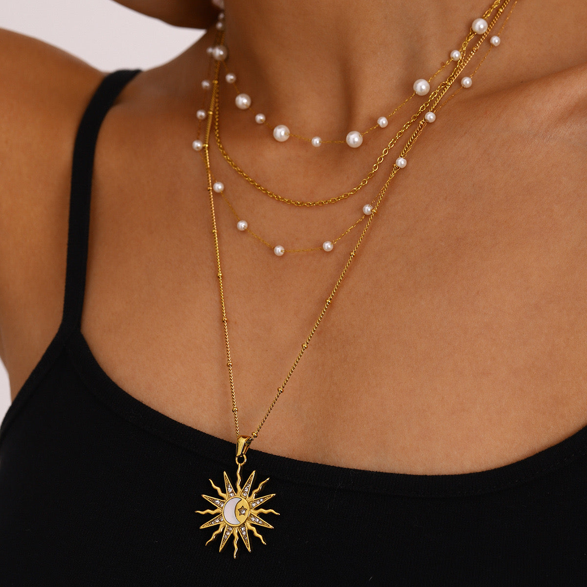 18K Gold Bright Sun Pendant Statement Long Necklace