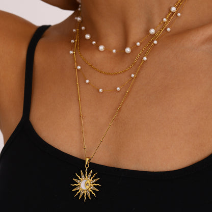 18K Gold Bright Sun Pendant Statement Long Necklace
