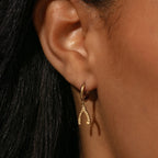 18K Gold Bling Wishing Bone Small Hoop Huggie Earrings with Charm