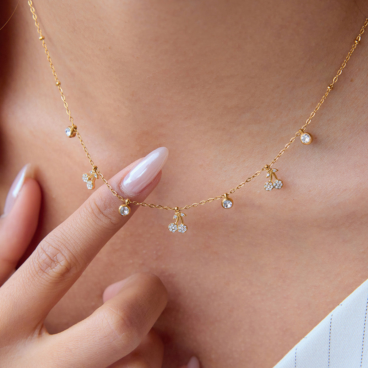 18K Gold Cherry Sprinkled Bling Dainty Necklace