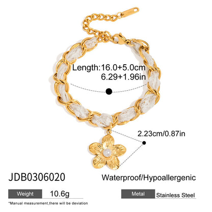 18K Gold Princess Flower Pearl Pendant Ribbon Chain Bracelet