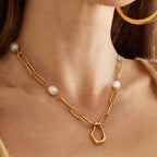 18K Gold Paperclip Chain Pearl Beads Pendant Necklace