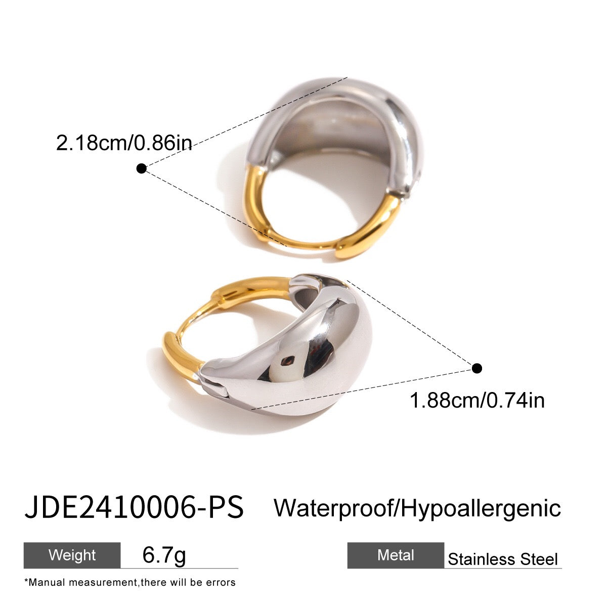 18K Gold and Silver Two Tone Dome Small Hoop Dangle Huggie Earrings