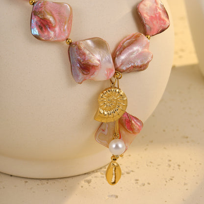 18K Gold Pink Seashell Chunky Statement Summer Necklace