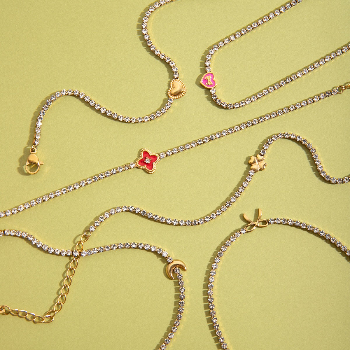 18K Gold Modern Fairytale Heart Bow Moon Clover Tennis Bracelet