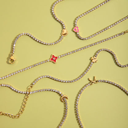 18K Gold Modern Fairytale Heart Bow Moon Clover Tennis Bracelet